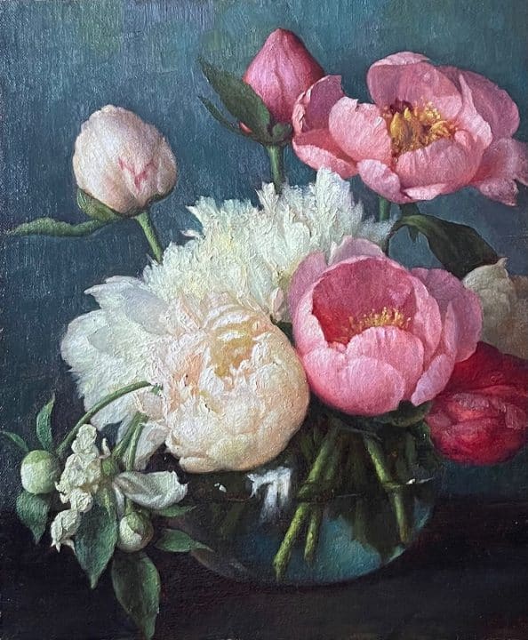 Peonies with Blue Wall