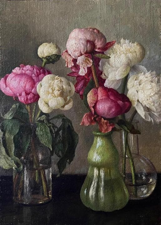 Peonies with Green Glass